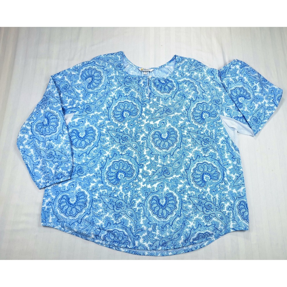 Solumbra Sun Protective Top Womens XL‎ Blue White Paisley Mesh Vent Long Sleeve